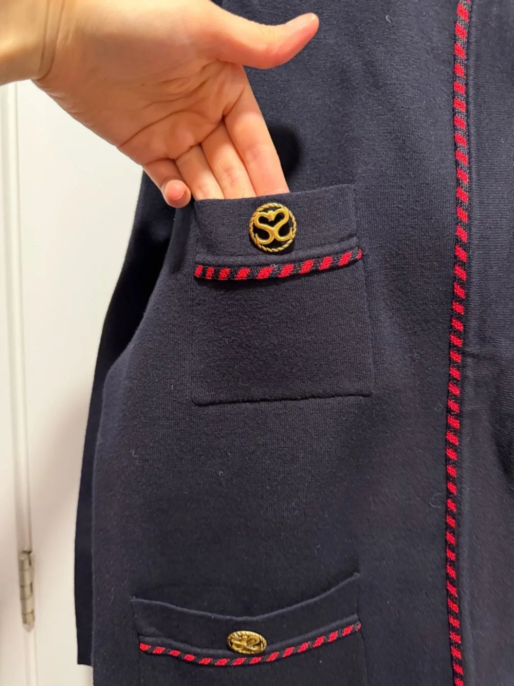 Sandro Navy Open-Front Cardigan with Red Trim - Picture 4 of 8